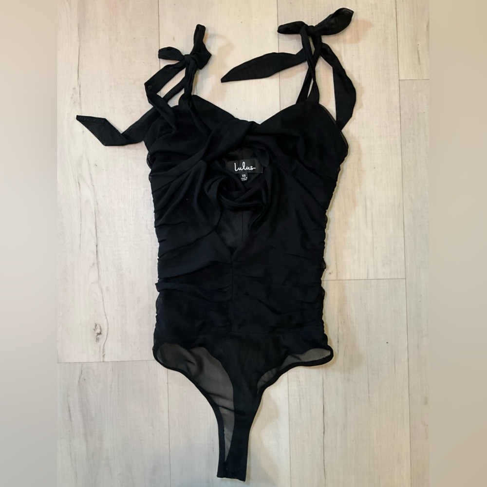 Lulu's Black Eye On Me Mesh Tie-Front Ruched Bodysuit - Picture 5 of 8